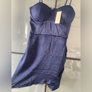 Francesca’s navy blue satin corset top cocktail dress